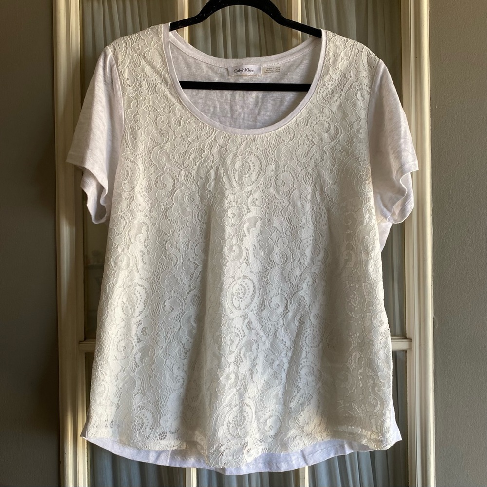 Calvin Klein White Short Sleeve Lace Tee